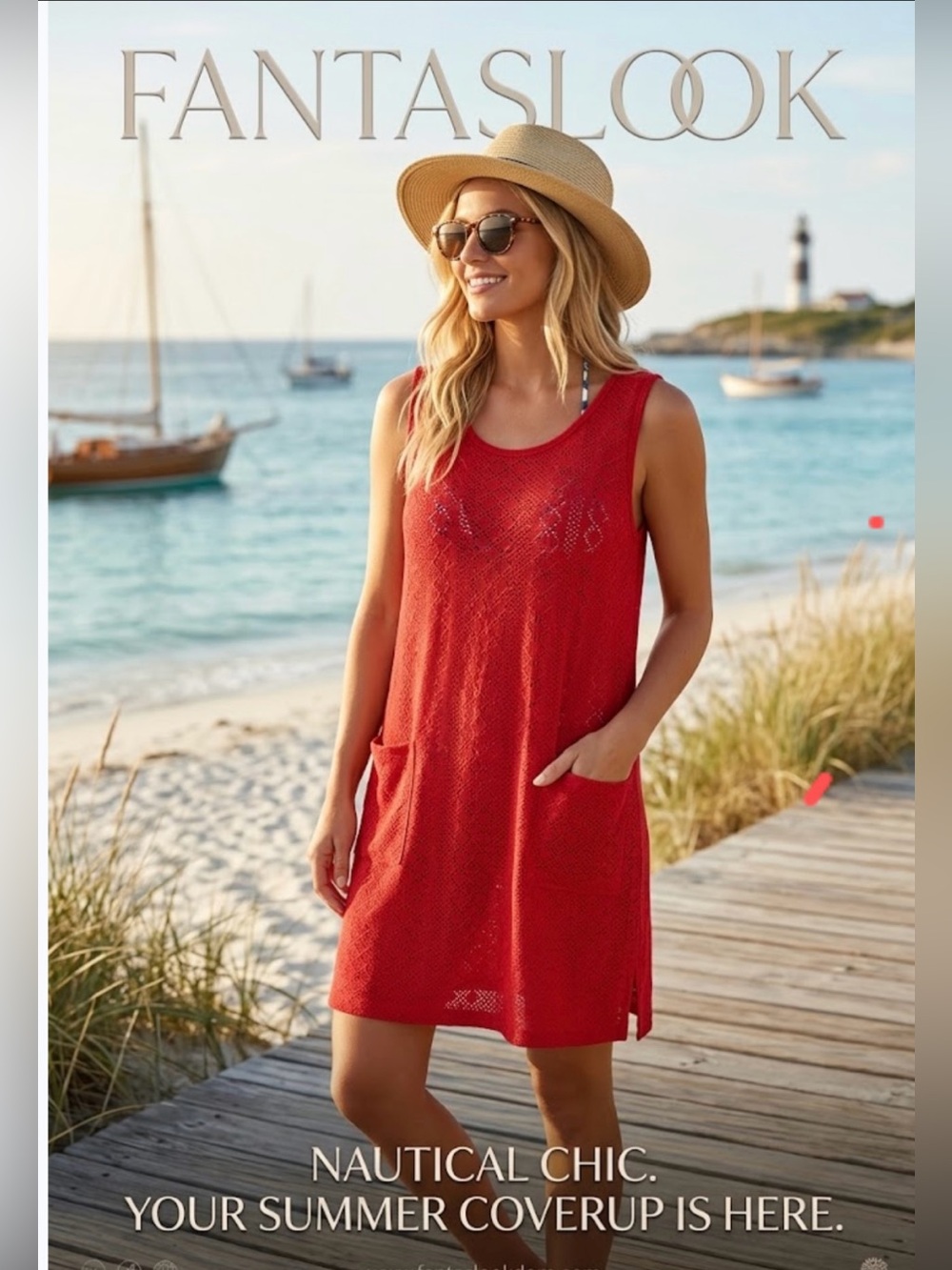 NWT ~ Fantaslook Red Sleeveless Eyelet Knit Cover-Up Dress W/Pockets ~ Size L